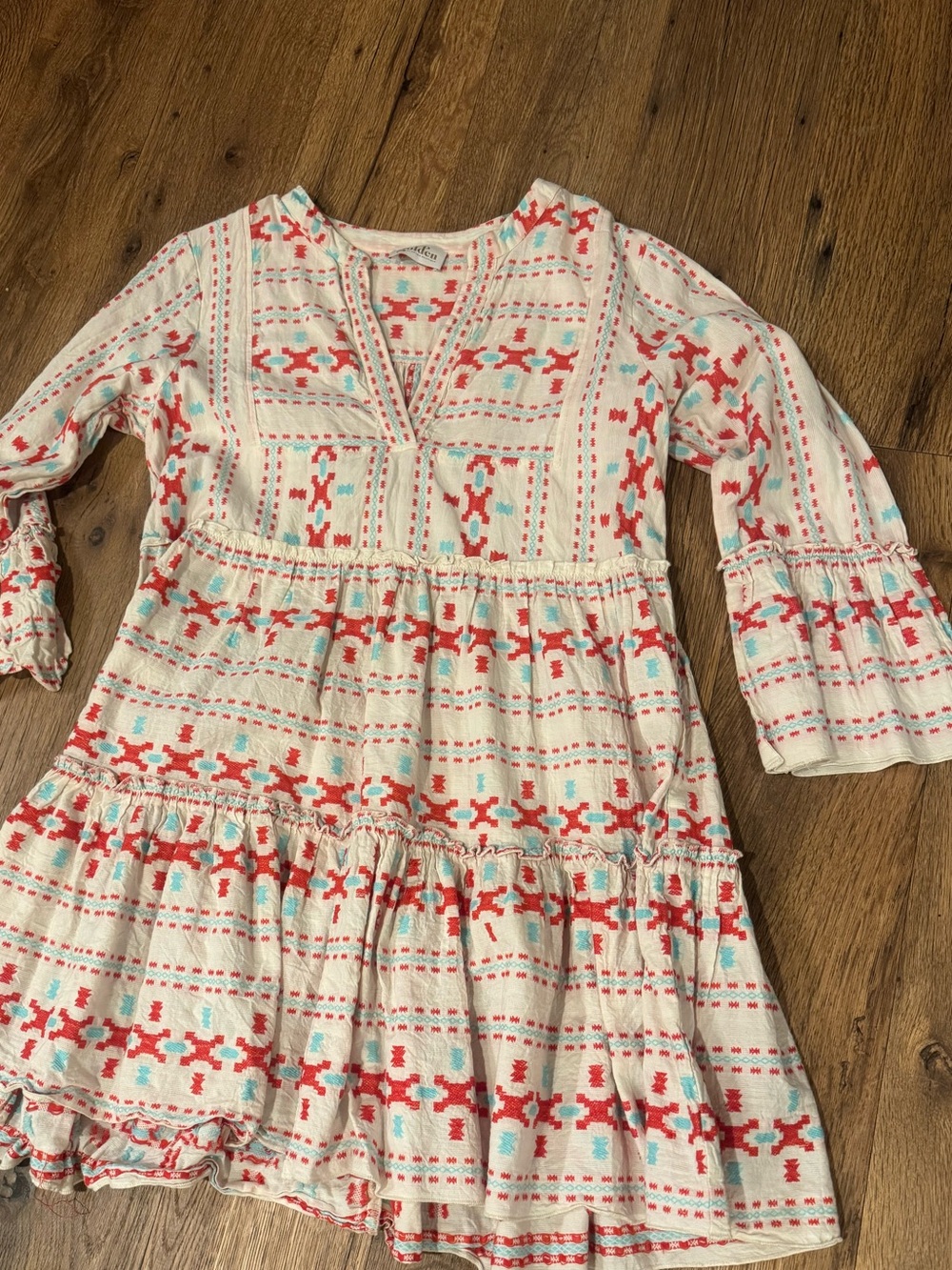 Women’s Boutique Cream Dress with Coral and Aqua Embroidery